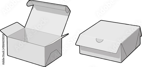 Two gray cardboard boxes, one open, one closed, displayed side by side