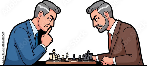 Two thoughtful men in suits intensely focused on a chess game