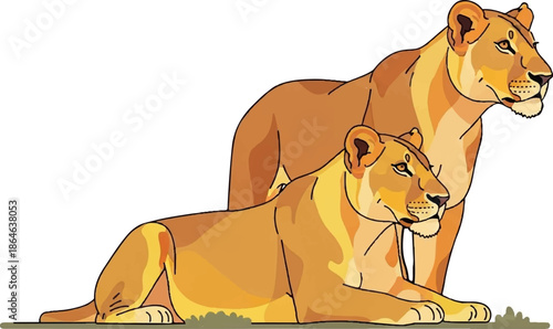 Two golden lions, one resting on the ground, the other standing behind