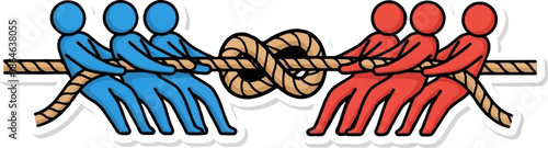 Two teams of stick figures compete in a tug-of-war, pulling a thick rope