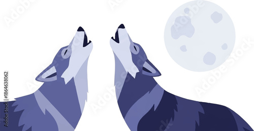 Two stylized wolves howl at a pale full moon against a white background