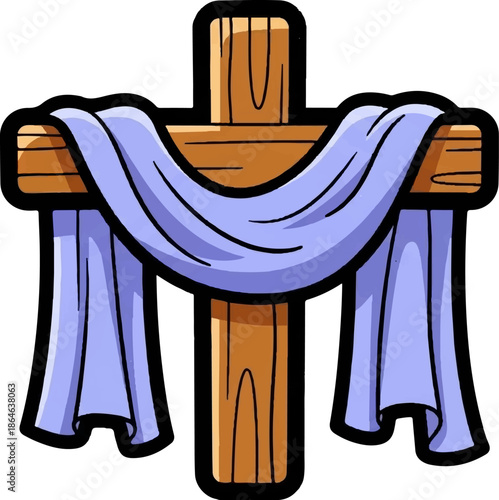 Wooden cross draped with a flowing purple cloth, evoking a sense of solemnity and religious significance