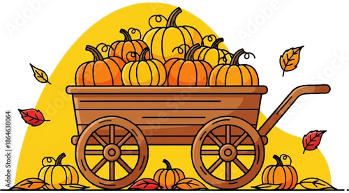 Wooden cart overflowing with pumpkins and fallen leaves, set against a yellow shape