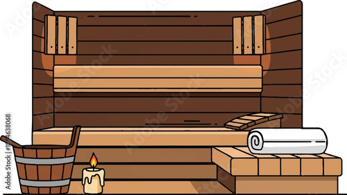 Wooden interior of a sauna with benches, a bucket, candle, and towel