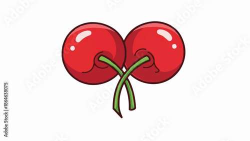 Two glossy red cherries with intertwined green stems on a clean white background, cartoonish style