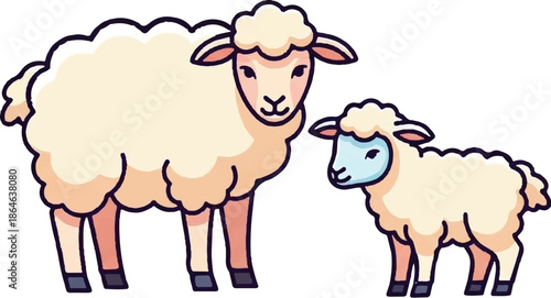 Two stylized sheep, one adult and one lamb, stand together on a white background