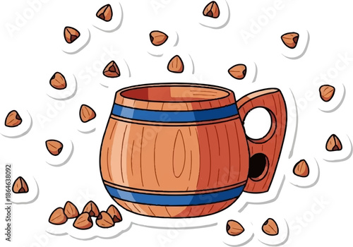 Wooden mug with blue bands surrounded by scattered grains on a white background