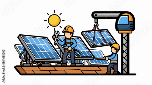Workers install solar panels on a rooftop with crane assistance under a bright sun