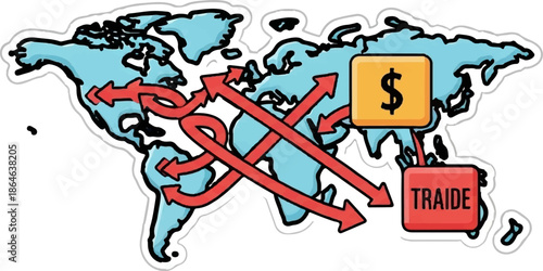World map illustration with red arrows showing global trade routes and icons