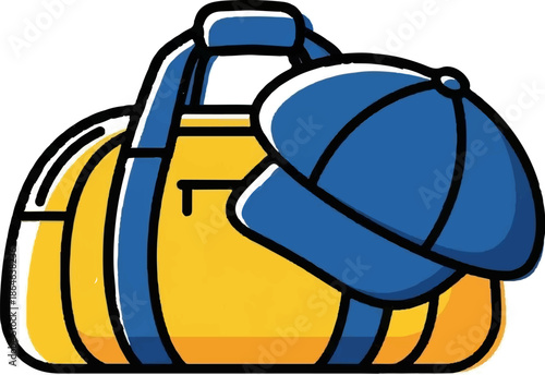 Yellow duffel bag with blue straps and a blue baseball cap