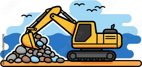 Yellow excavator loads rocks onto a sandy shore with blue water and sky