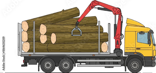 Yellow logging truck with red crane lifting large wooden logs