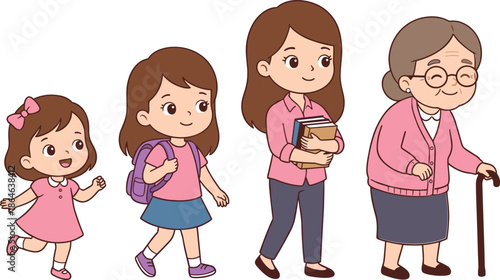 cute,cartoon,female,life,stages,illustration,girl,to,woman,aging,process,child,student,adult,elderly,family,growth,vector,design,infographic