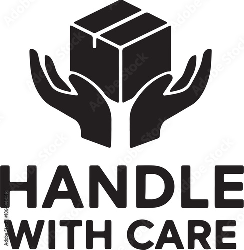 Black and white icon illustrating two gentle hands carefully holding a fragile package, symbolizing the importance of handling with care during shipping and delivery processes