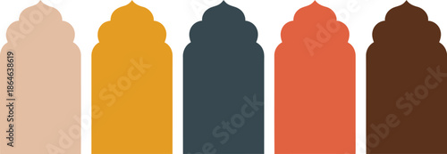 Row of five ornate arched doorway shapes in warm earthy tones against a crisp white backdrop
