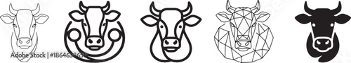 Cow Head Icon Set in Line Bold Flat Geometric and Silhouette Styles for Livestock Farming Agriculture Branding and Animal Design