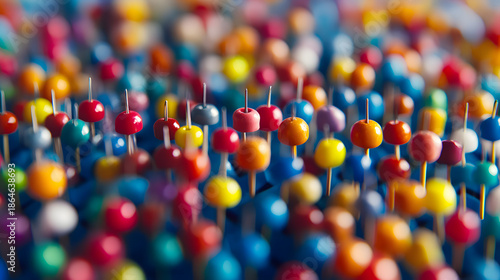 Colorful push pins with round heads in various colors arranged densely on a surface with a blurred background