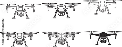 Drone Quadcopter Icon Set in Thin Bold Geometric and Silhouette Styles for Aerial Technology Surveillance Photography and Modern Aviation Design