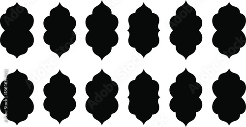 Set of twelve solid black ornamental frame shapes arranged symmetrically on a clean white plane