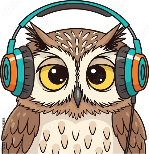 funny owl wearing headphones on white background