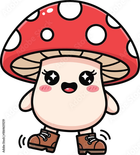 funny mushroom with tiny boots on white background