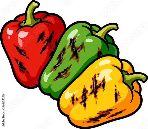 Flat vector illustration of three colorful grilled bell peppers: red, green, and yellow with realistic char marks, perfect for food design, BBQ graphics, and stock vector art