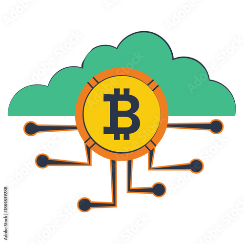 Bitcoin coin connected to cloud with circuit lines – modern illustration symbolizing cloud mining, hosted wallets, blockchain infrastructure, and scalable decentralized cryptocurrency services over