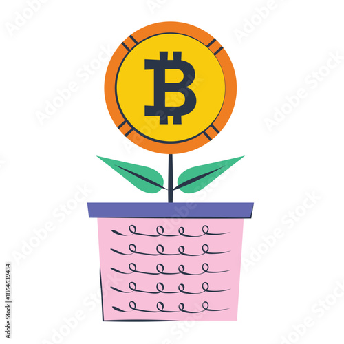 Bitcoin coin growing like a plant in flower pot – creative illustration for crypto investment growth, passive income, long‑term holding, DeFi yields, and nurturing digital assets over time

