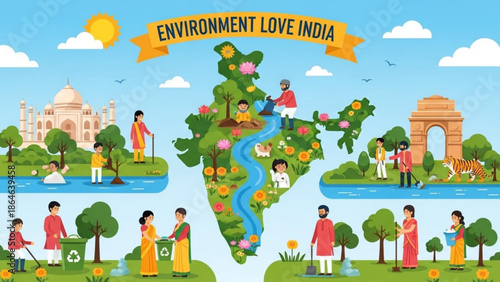 Vibrant illustration of people loving and protecting the environment in india with iconic landmarks and diverse nature scenes with environmental love