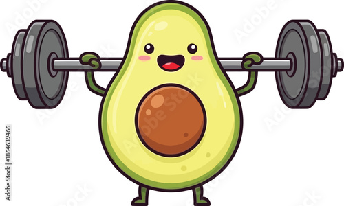 funny avocado lifting dumbbells on white background