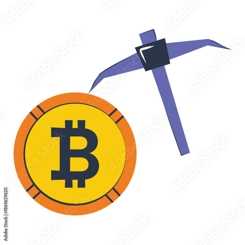 Bitcoin mining concept with pickaxe and BTC coin – flat vector illustration symbolizing crypto mining, blockchain validation, hash power, and rewards for securing decentralized digital currency networ