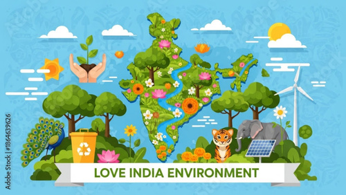 Vibrant illustration of india map made of green trees and flowers with animals solar panel wind turbine and recycling bin promoting environmental love and conservation