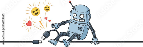 a clumsy robot tripping on white background