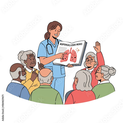 A female nurse in blue scrubs presents an anatomical diagram of lungs to a group of attentive senior adults in a classroom setting with a plain white background.