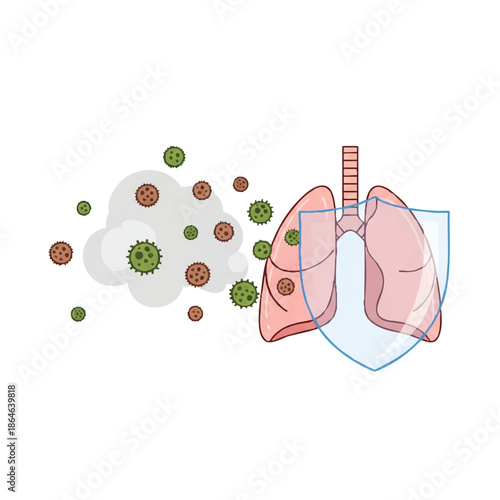 Illustration of lungs with a shield protecting them from various viruses and pollutants in the air.