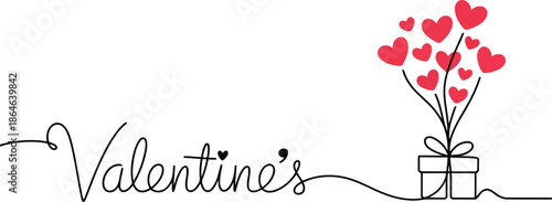 This charming illustration captures the spirit of Valentines Day with a gift box and floating red heart balloons