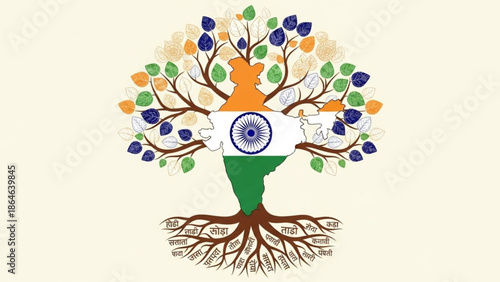 Indian flag tree with colorful leaves and roots, symbolizing national pride and cultural heritage, india map and language words on roots, vibrant green, orange, white