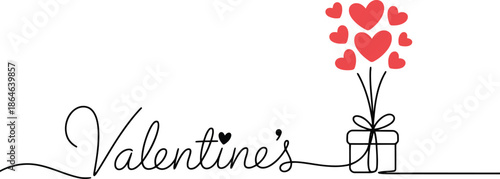This minimalist drawing features a Valentines message alongside a gift box with flying red heart balloons