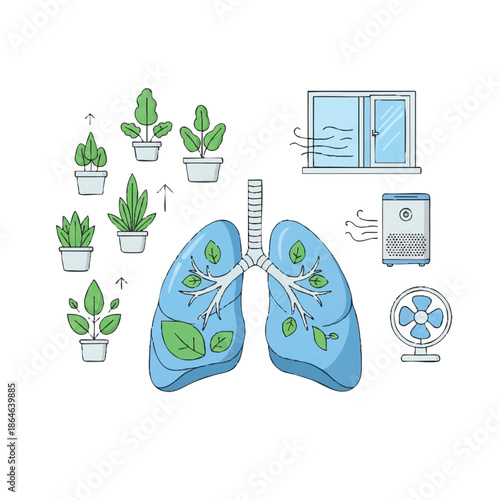 Infographic illustration of human lungs with green leaves and plants around, showing air purification process through potted plants and air purifier on a white background.