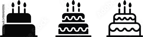 Three different black and white birthday cake icons with lit candles for celebrations