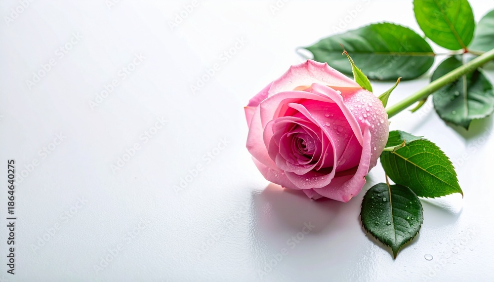 Fototapeta premium Pink rose with water droplets on white background