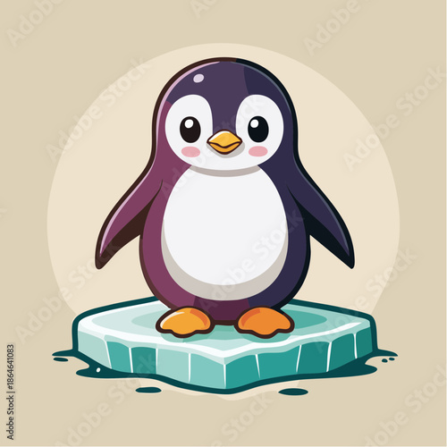 Cartoon penguin standing on an ice floe with a light background.