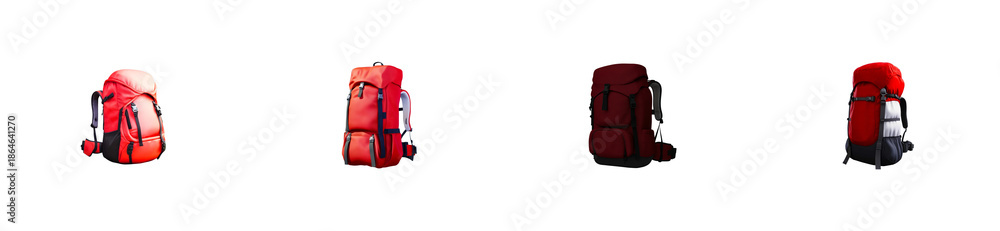 Naklejka premium A collection of durable red and maroon hiking backpacks for outdoor enthusiasts and travelers perfect for illustrating adventure gear and exploration activities
