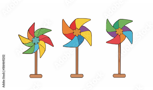 Cute pinwheel windmill toy vector illustration with colorful paper wind vane for kids