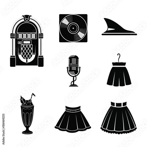 Vintage 50s icons representing music and fashion Vector, illustration