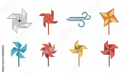 Flat pinwheel windmill toy vector icons representing wind breeze and weather