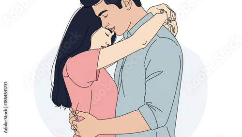 A tender illustration of a couple sharing a loving hug, with the man gently kissing the woman's forehead.