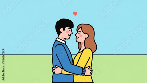 A minimalistic cartoon illustration of a loving couple embracing tenderly with a small red heart hovering above their heads.