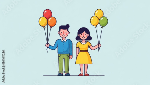 A cheerful cartoon illustration featuring a happy couple standing side by side, both holding colorful bunches of balloons.