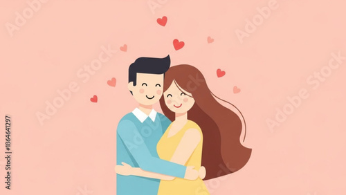 A cheerful cartoon illustration of a happy couple hugging affectionately amidst floating red hearts on a soft pink background.